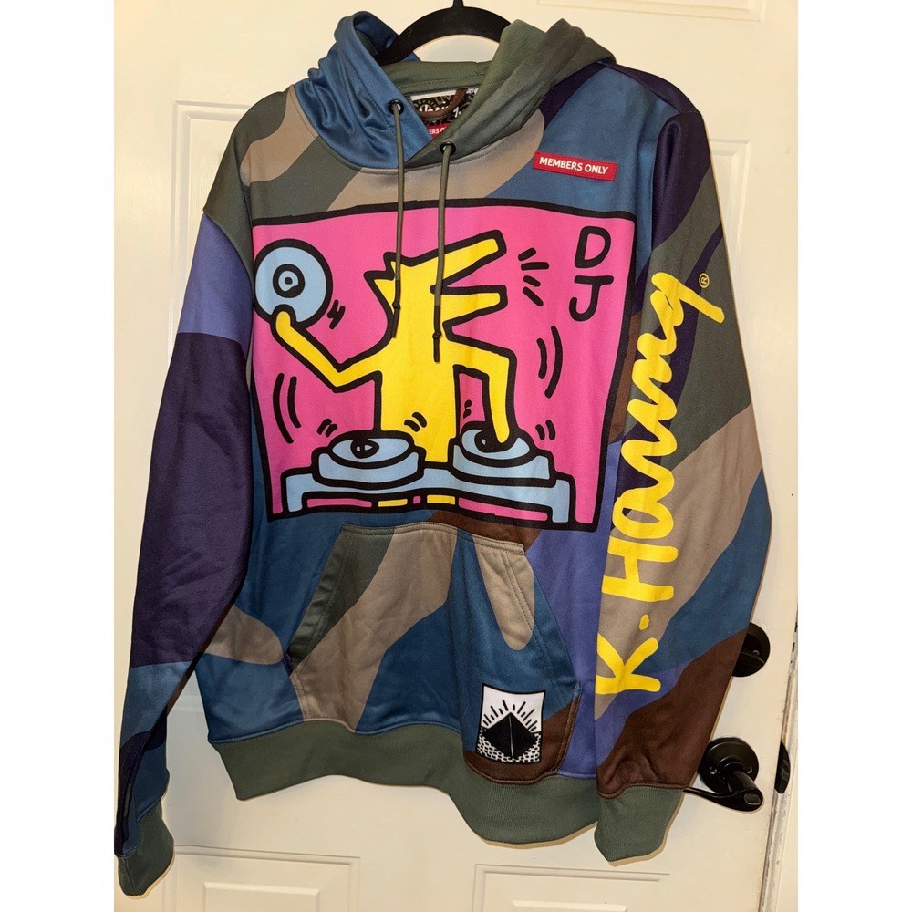 Members Only Keith Haring Camo Hoodie DJ Dog Heart Graphic Mens Large L